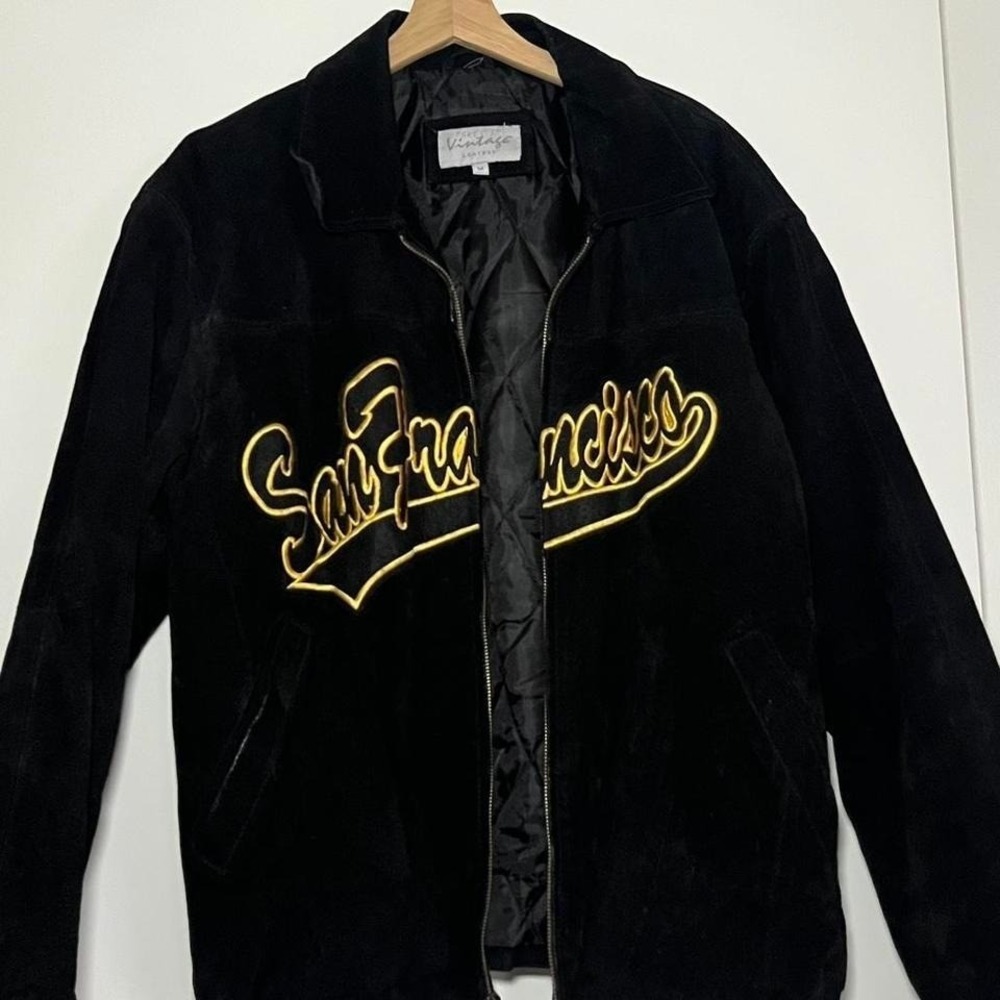 Vintage Black Suede "San Francisco" Leather Jacket 90s Style Embroidered Zip-Up